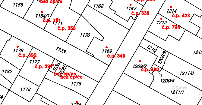 Kosmonosy 349 na parcele st. 1169 v KÚ Kosmonosy, Katastrální mapa