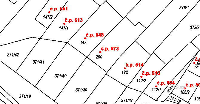 Chvalčov 573 na parcele st. 200 v KÚ Chvalčova Lhota, Katastrální mapa