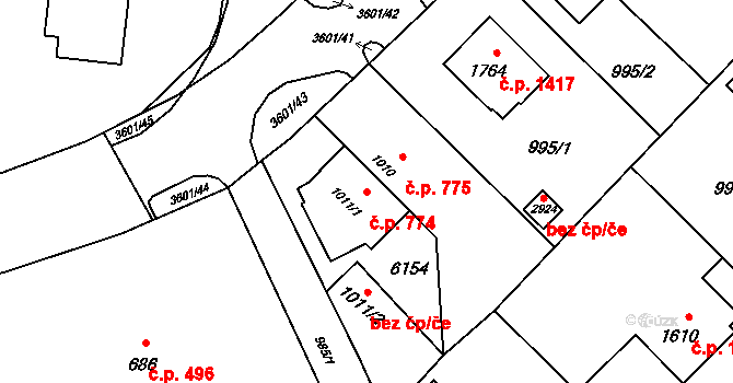 Rožnov pod Radhoštěm 774 na parcele st. 1011/1 v KÚ Rožnov pod Radhoštěm, Katastrální mapa