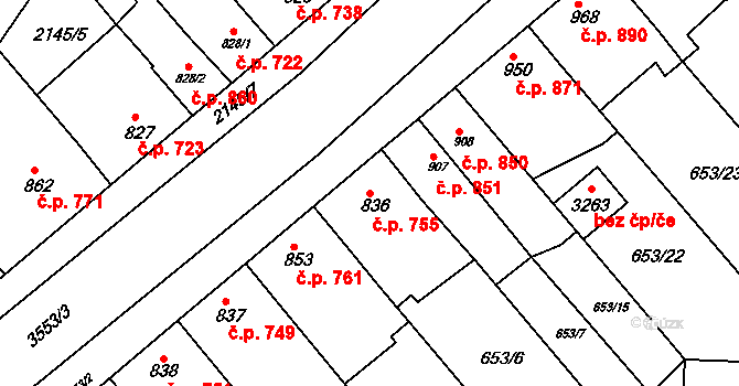 Lysá nad Labem 755 na parcele st. 836 v KÚ Lysá nad Labem, Katastrální mapa