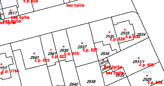 Černá Pole 527, Brno na parcele st. 2537 v KÚ Černá Pole, Katastrální mapa