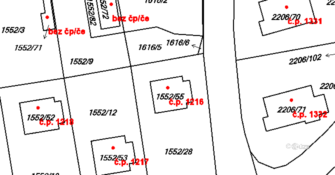 Pelhřimov 1216 na parcele st. 1552/55 v KÚ Pelhřimov, Katastrální mapa
