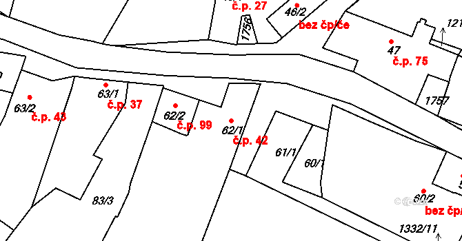 Měrunice 42 na parcele st. 62/1 v KÚ Měrunice, Katastrální mapa