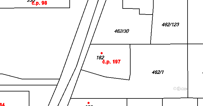 Luštěnice 197 na parcele st. 182 v KÚ Luštěnice, Katastrální mapa