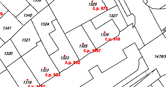 Chomutov 1097 na parcele st. 1325 v KÚ Chomutov I, Katastrální mapa