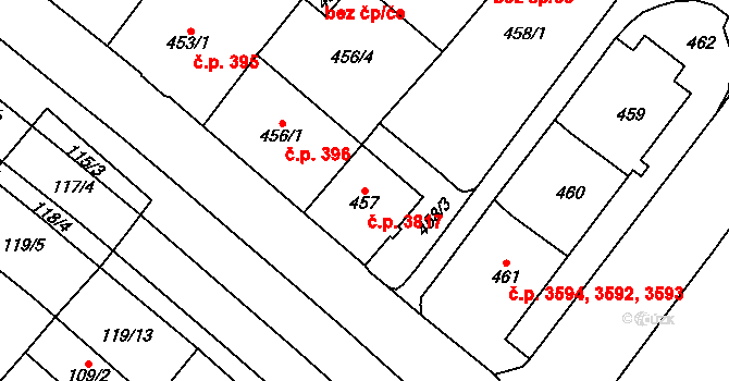 Chomutov 3817 na parcele st. 457 v KÚ Chomutov I, Katastrální mapa