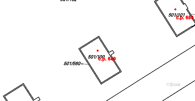 Ráj 649, Karviná na parcele st. 501/100 v KÚ Ráj, Katastrální mapa