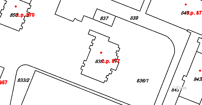 Město 877, Havířov na parcele st. 838 v KÚ Havířov-město, Katastrální mapa