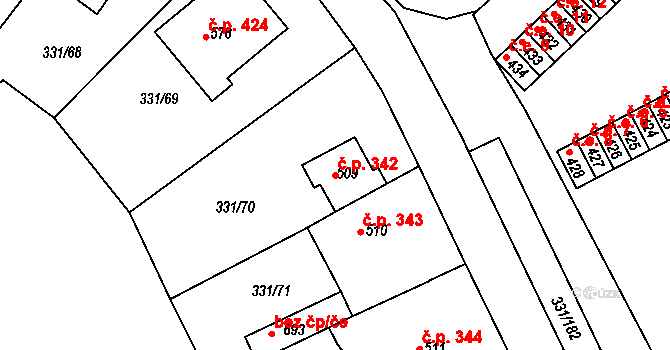 Čebín 342 na parcele st. 509 v KÚ Čebín, Katastrální mapa