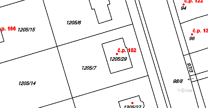 Malešovice 152 na parcele st. 1205/29 v KÚ Malešovice, Katastrální mapa