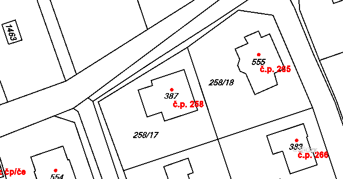Vysoká nad Labem 258 na parcele st. 387 v KÚ Vysoká nad Labem, Katastrální mapa