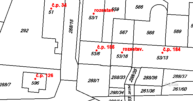 Černolice 185 na parcele st. 53/6 v KÚ Černolice, Katastrální mapa