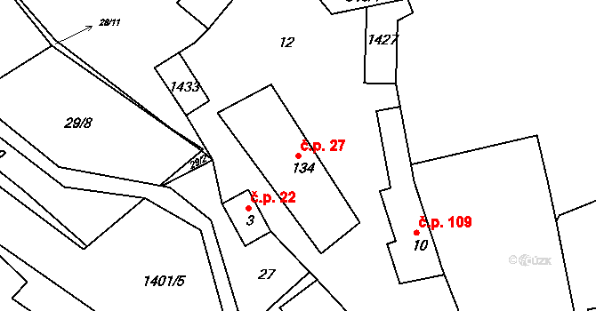 Lipina 27, Valašské Klobouky na parcele st. 134 v KÚ Lipina, Katastrální mapa