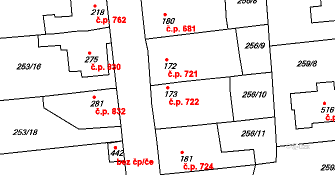 Rudná 722 na parcele st. 173 v KÚ Hořelice, Katastrální mapa