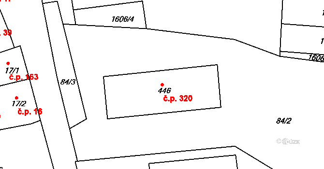 Merklín 320 na parcele st. 446 v KÚ Merklín u Přeštic, Katastrální mapa