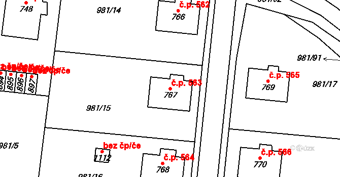 Přibyslav 563 na parcele st. 767 v KÚ Přibyslav, Katastrální mapa