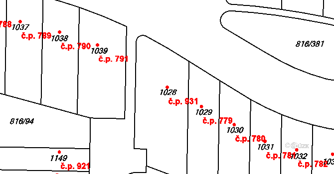 Chýně 931 na parcele st. 1028 v KÚ Chýně, Katastrální mapa