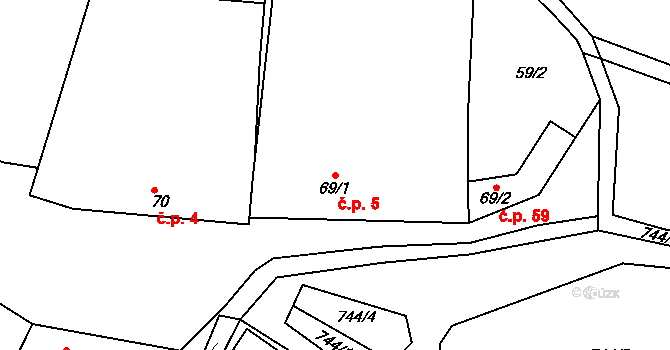 Zástřizly 5 na parcele st. 69/1 v KÚ Zástřizly, Katastrální mapa