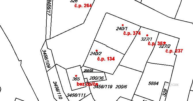 Hrušovany nad Jevišovkou 134 na parcele st. 240/2 v KÚ Hrušovany nad Jevišovkou, Katastrální mapa