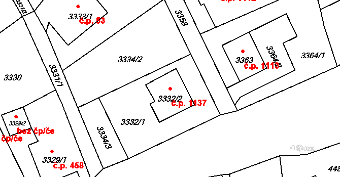 Bystřice 1137 na parcele st. 3332/2 v KÚ Bystřice nad Olší, Katastrální mapa