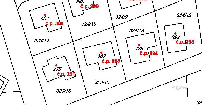 Cerhovice 293 na parcele st. 387 v KÚ Cerhovice, Katastrální mapa