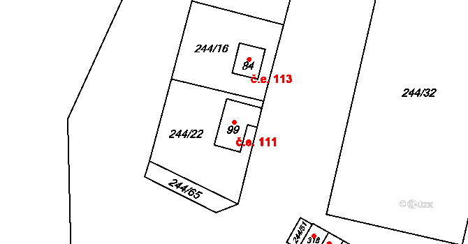 Suchý 111 na parcele st. 99 v KÚ Suchý, Katastrální mapa