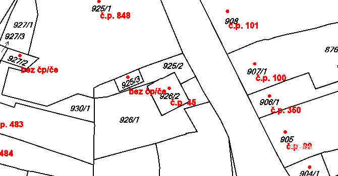Hulín 45 na parcele st. 926/2 v KÚ Hulín, Katastrální mapa