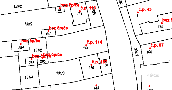 Kožušany 114, Kožušany-Tážaly na parcele st. 144 v KÚ Kožušany, Katastrální mapa
