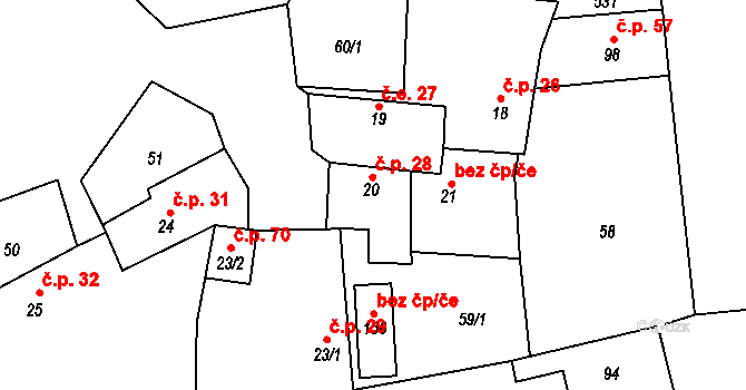 Dřemčice 28, Třebívlice na parcele st. 20 v KÚ Dřemčice, Katastrální mapa