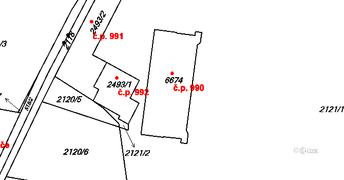 Borovina 990, Třebíč na parcele st. 6674 v KÚ Třebíč, Katastrální mapa