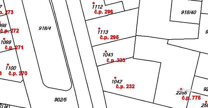 Horka-Domky 233, Třebíč na parcele st. 1043 v KÚ Třebíč, Katastrální mapa