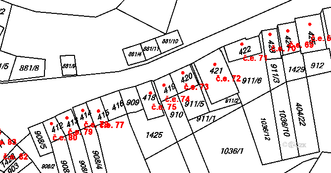 Chvalovice 74 na parcele st. 419 v KÚ Chvalovice, Katastrální mapa