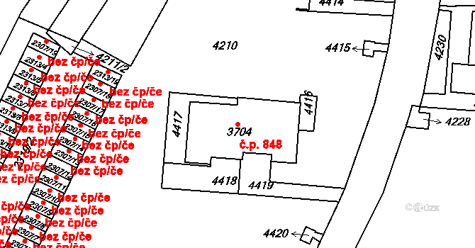 Komín 848, Brno na parcele st. 3704 v KÚ Komín, Katastrální mapa