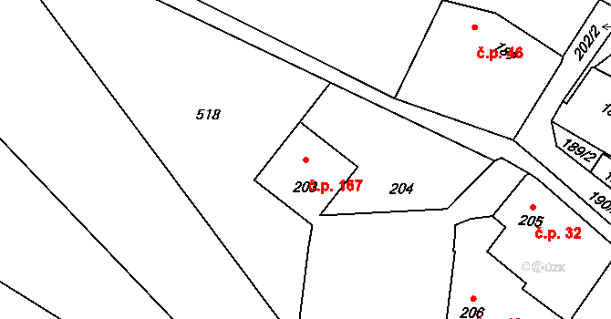 Šebrov 167, Šebrov-Kateřina na parcele st. 203 v KÚ Šebrov, Katastrální mapa