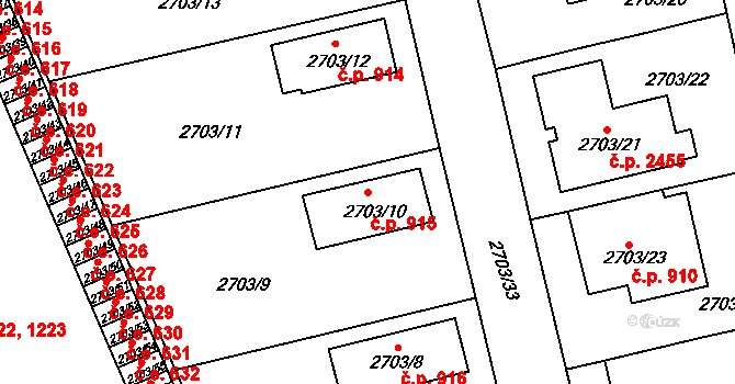 Pelhřimov 915 na parcele st. 2703/10 v KÚ Pelhřimov, Katastrální mapa