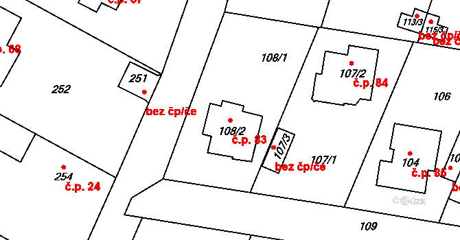 Křeslice 83, Praha na parcele st. 108/2 v KÚ Křeslice, Katastrální mapa