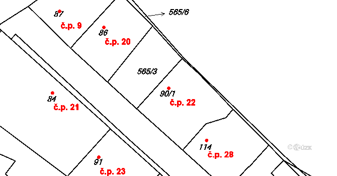 Rozehnaly 22, Radovesnice II na parcele st. 90/1 v KÚ Rozehnaly, Katastrální mapa