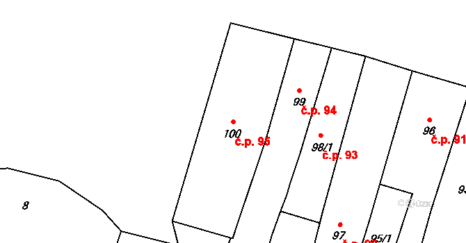 Fryštát 95, Karviná na parcele st. 100 v KÚ Karviná-město, Katastrální mapa