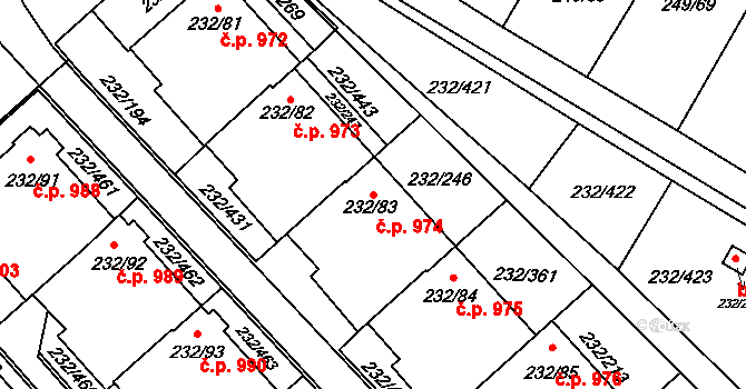 Lobzy 974, Plzeň na parcele st. 232/83 v KÚ Lobzy, Katastrální mapa