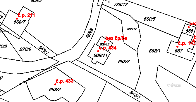 Srubec 434 na parcele st. 668/11 v KÚ Srubec, Katastrální mapa