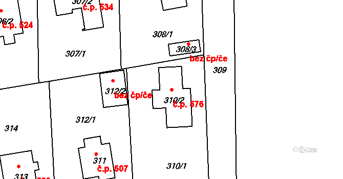 Běchovice 576, Praha na parcele st. 310/2 v KÚ Běchovice, Katastrální mapa