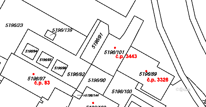 Frýdek 3443, Frýdek-Místek na parcele st. 5196/101 v KÚ Frýdek, Katastrální mapa