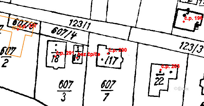 Druztová 290 na parcele st. 607/17 v KÚ Druztová, Katastrální mapa