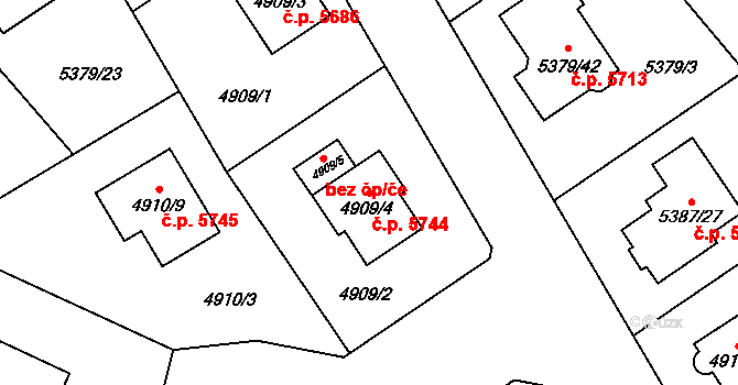 Chomutov 5744 na parcele st. 4909/4 v KÚ Chomutov I, Katastrální mapa