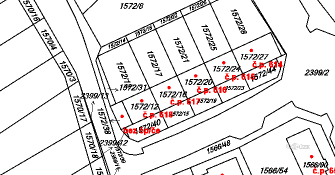 Hrušky 617 na parcele st. 1572/16 v KÚ Hrušky, Katastrální mapa