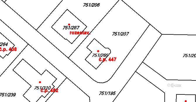 Koloděje 447, Praha na parcele st. 751/265 v KÚ Koloděje, Katastrální mapa
