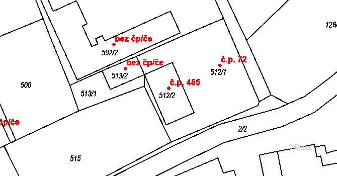 Fryšták 455 na parcele st. 512/2 v KÚ Fryšták, Katastrální mapa