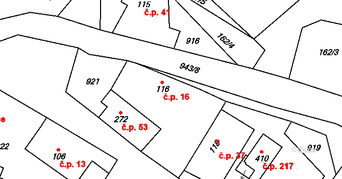 Prosetín 16 na parcele st. 116 v KÚ Prosetín u Hlinska, Katastrální mapa