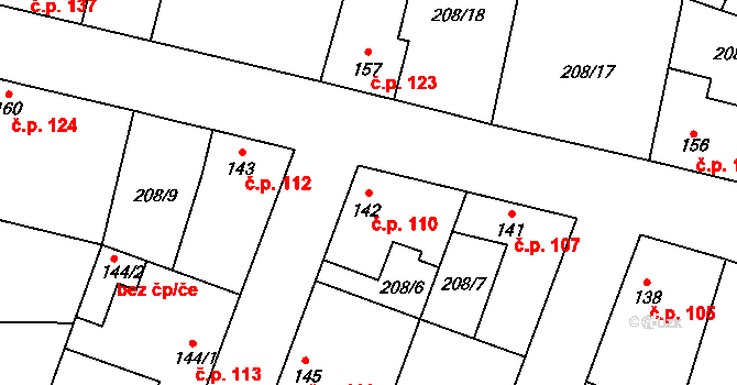 Dolín 110, Slaný na parcele st. 142 v KÚ Dolín, Katastrální mapa