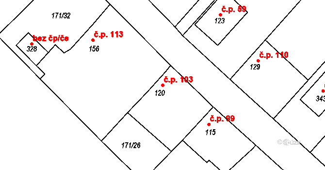 Konětopy 103 na parcele st. 120 v KÚ Konětopy, Katastrální mapa